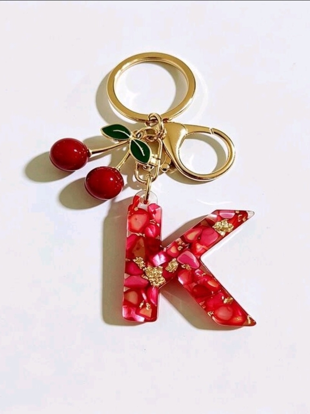 Gold-Tone Keychain with Red Floral 'K' Resin Charm and Cherry Accents